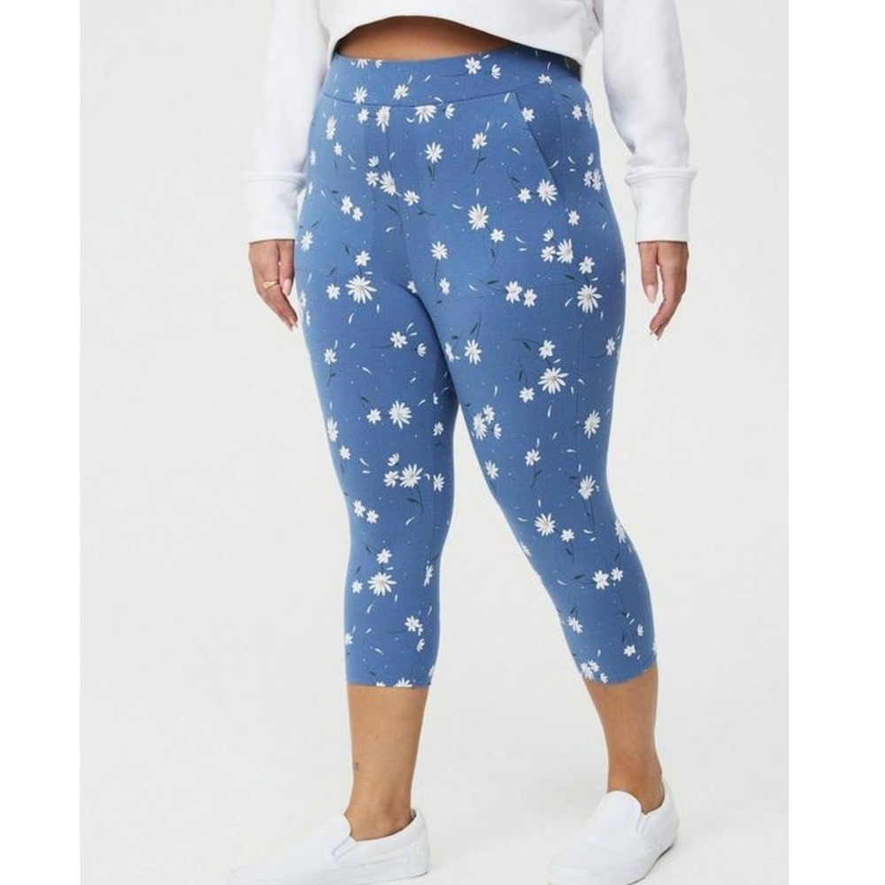 Torrid Pedal Pusher Pocket Leggings Womens 1X 14/16 Blue Daisy Floral High Rise